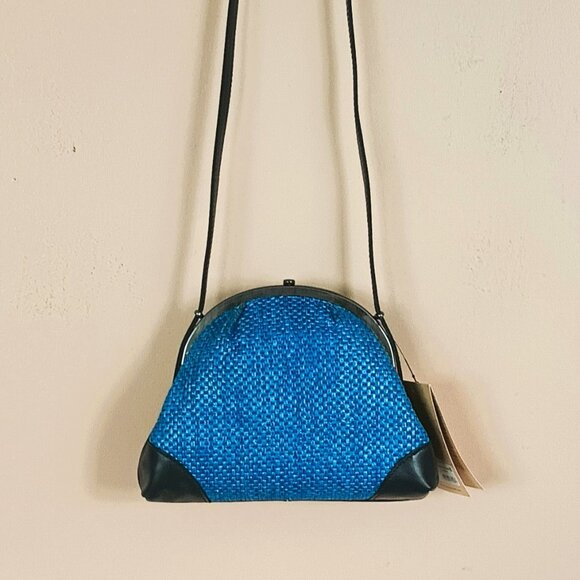 Patricia Nash Silvia Frame Crossbody Bag Blue Woven Black Leather - Picture 6 of 15
